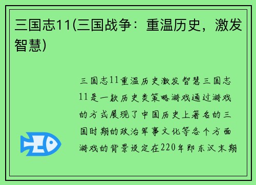 三国志11(三国战争：重温历史，激发智慧)