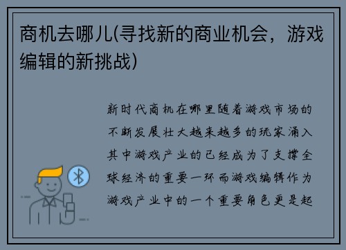 商机去哪儿(寻找新的商业机会，游戏编辑的新挑战)